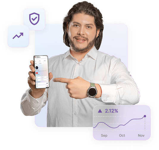 Smiling broker pointing at trading app on phone with chart showing 2.12% growth and secure investing.