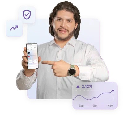 Smiling broker pointing at trading app on phone with chart showing 2.12% growth and secure investing.