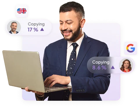 Smiling broker using a laptop while monitoring real-time copy trading performance and growth stats.