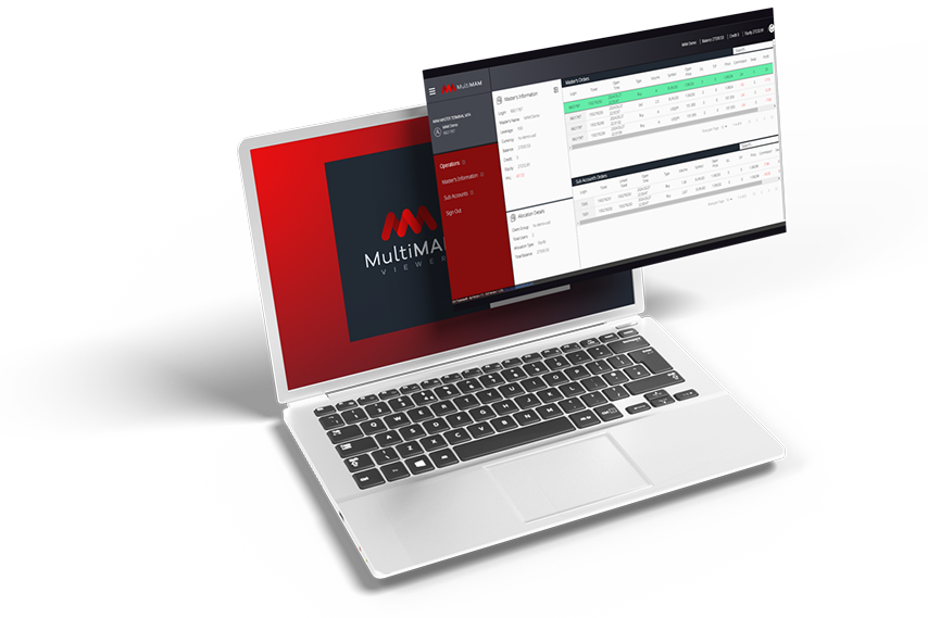 Plataforma Vulkan MultiMAM en laptop con vista de gestión avanzada de cuentas y operaciones de trading..